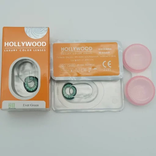 front view 2 piece lenses 1 storage case packing on hollywood evergreen contacts