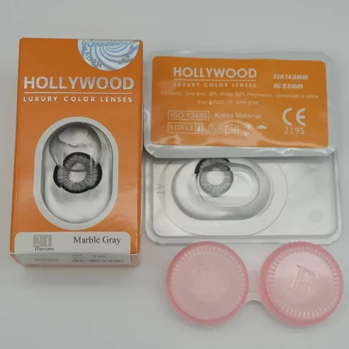 front view 2 piece lenses 1 storage case packing on hollywood luxury color lenses marble gray
