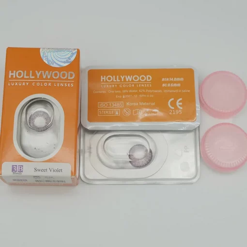 front view 2 piece lenses 1 storage case packing on hollywood sweet violet lenses